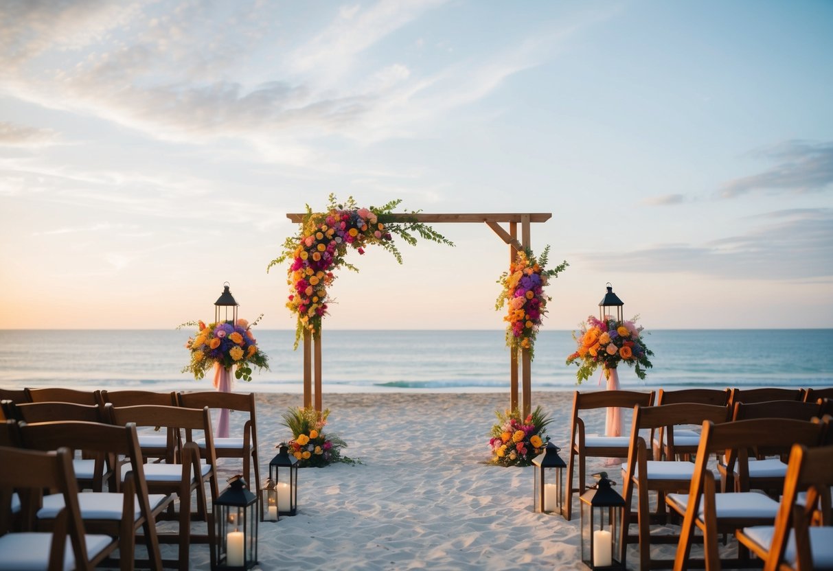 A beach ceremony with colorful flowers and lanterns, a simple wooden arch, and a view of the ocean at sunset