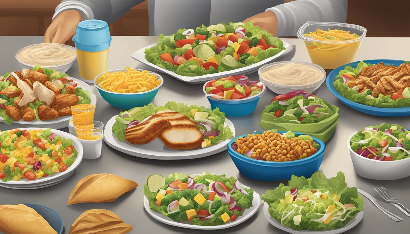 A table with a variety of fresh salads, grilled chicken, and veggie options alongside the classic fast food fare at Del Taco