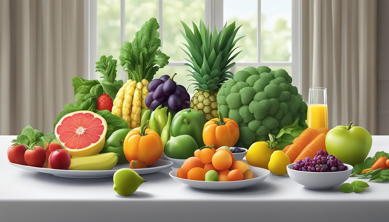 A colorful assortment of fresh fruits and vegetables arranged on a clean, modern table setting