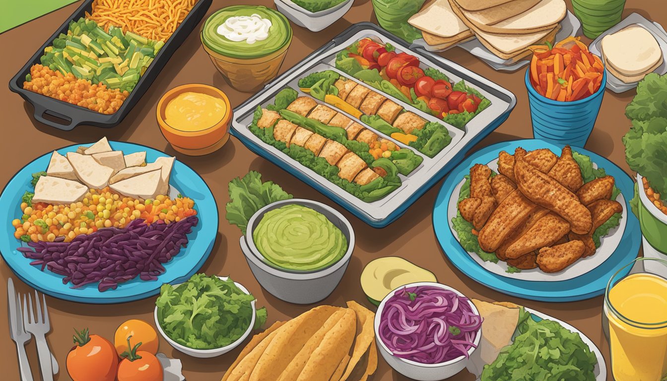 A colorful spread of fresh vegetables, grilled chicken, and whole grain options displayed on a vibrant table at a Del Taco restaurant