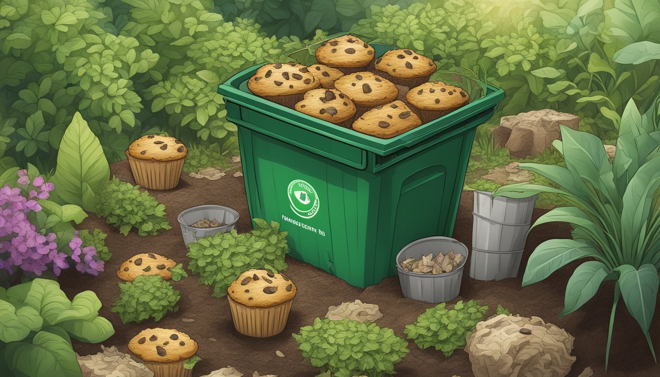 A compost bin filled with biodegradable muffin wrappers surrounded by green plants and organic waste