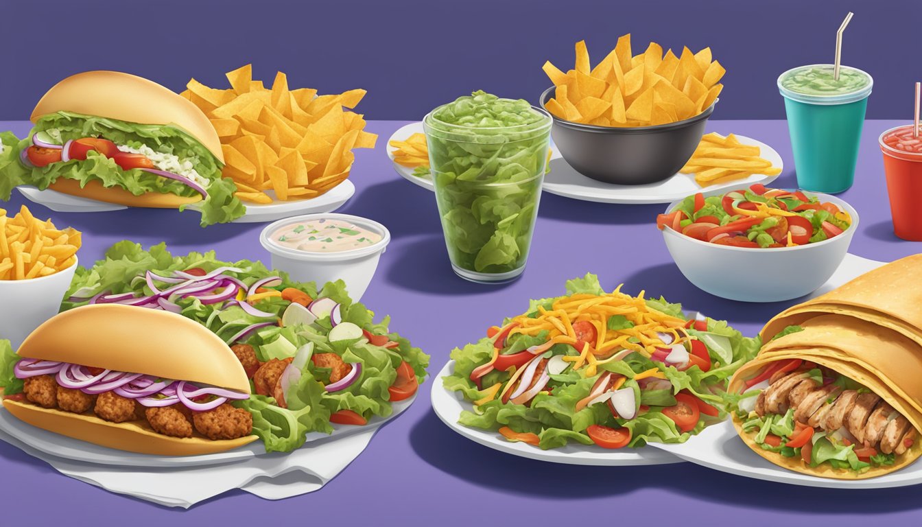 A colorful spread of fresh salads, grilled chicken, and veggie-packed tacos at Del Taco, contrasted with greasy burgers and fries from other fast food chains