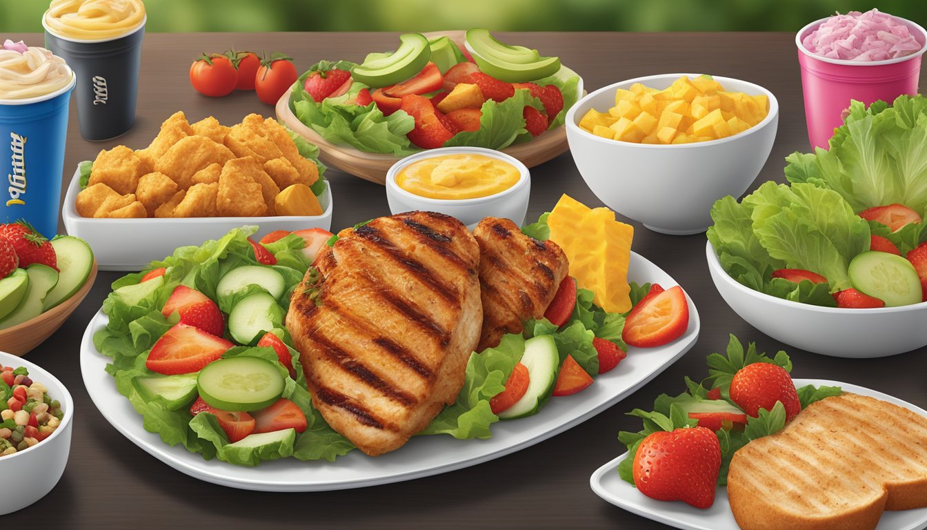 A colorful display of fresh salads, grilled chicken, and vegetable sides on the Hardee's menu, surrounded by vibrant fruits and vegetables