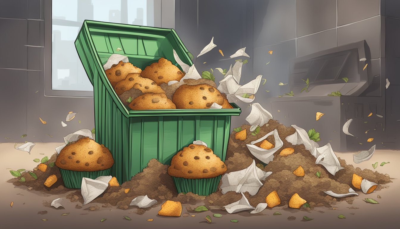 A pile of compostable muffin wrappers breaking down in a compost bin surrounded by organic waste