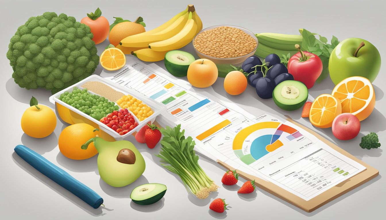 A colorful array of fresh fruits, vegetables, and whole grains arranged on a clean, white table with a clear nutritional breakdown chart displayed nearby