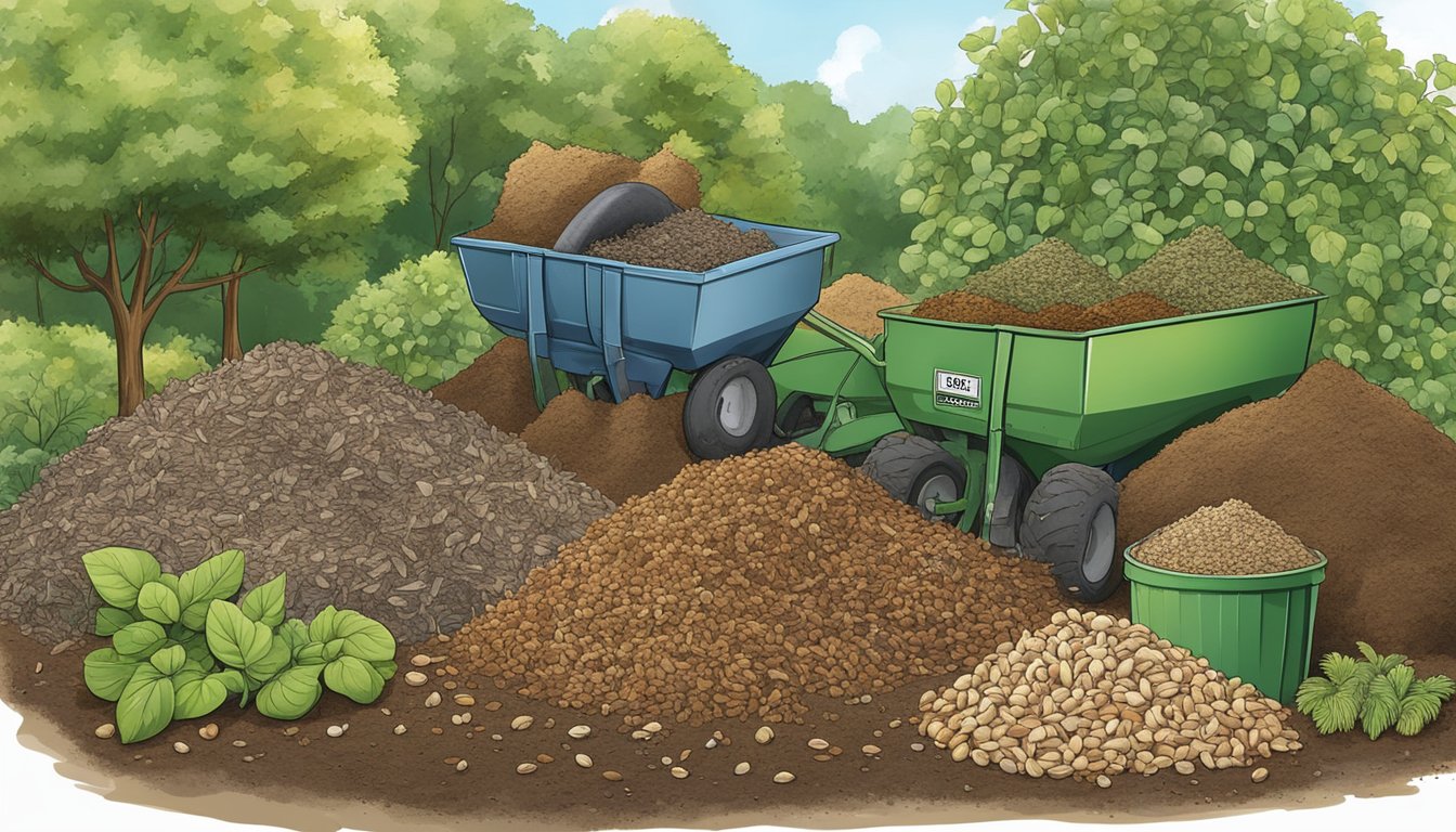 Nut shells being added to a compost pile, surrounded by various plant growth stages, with clear signs of healthy and thriving vegetation