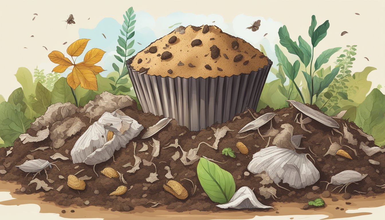 A pile of compostable materials, including muffin wrappers, surrounded by organic waste and soil, with worms and other decomposers breaking down the materials