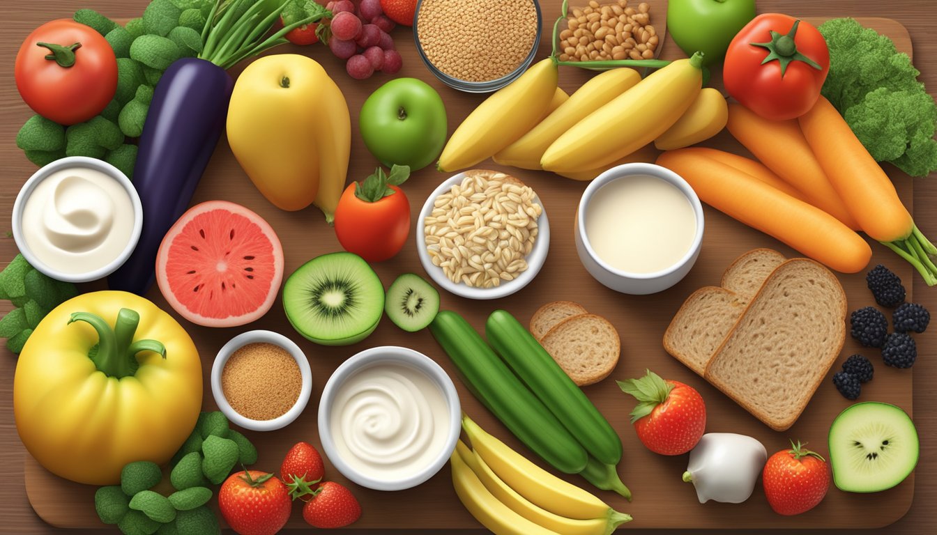 A colorful array of fresh fruits and vegetables arranged on a wooden cutting board, surrounded by a variety of whole grain breads and low-fat dairy products