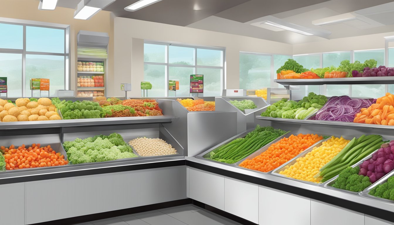 A colorful display of fresh vegetables and lean proteins arranged on a clean, modern counter at Del Taco