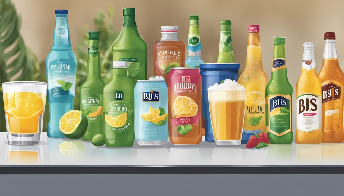 A variety of healthy beverages and alcohol on display at BJ's