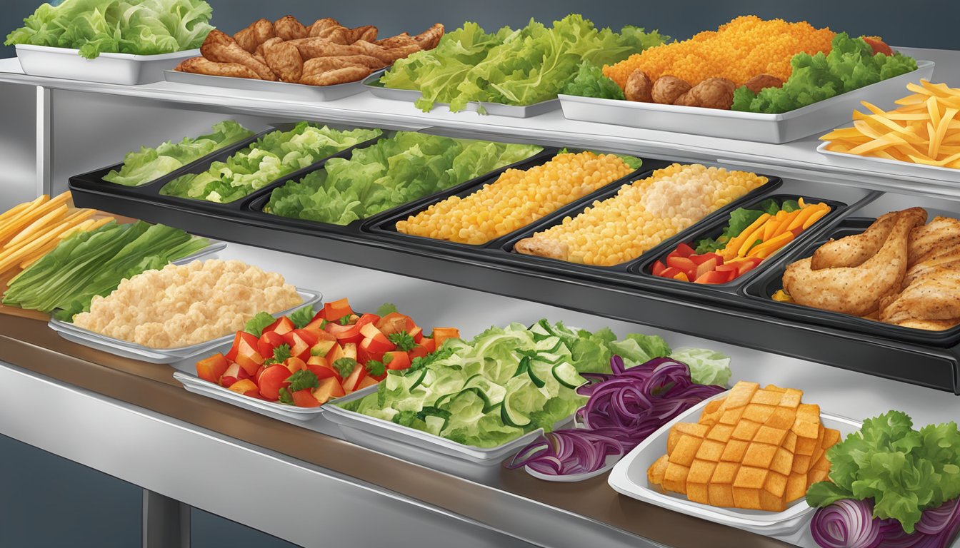 A colorful display of fresh salads, grilled chicken, and vegetable sides at a Hardee's restaurant