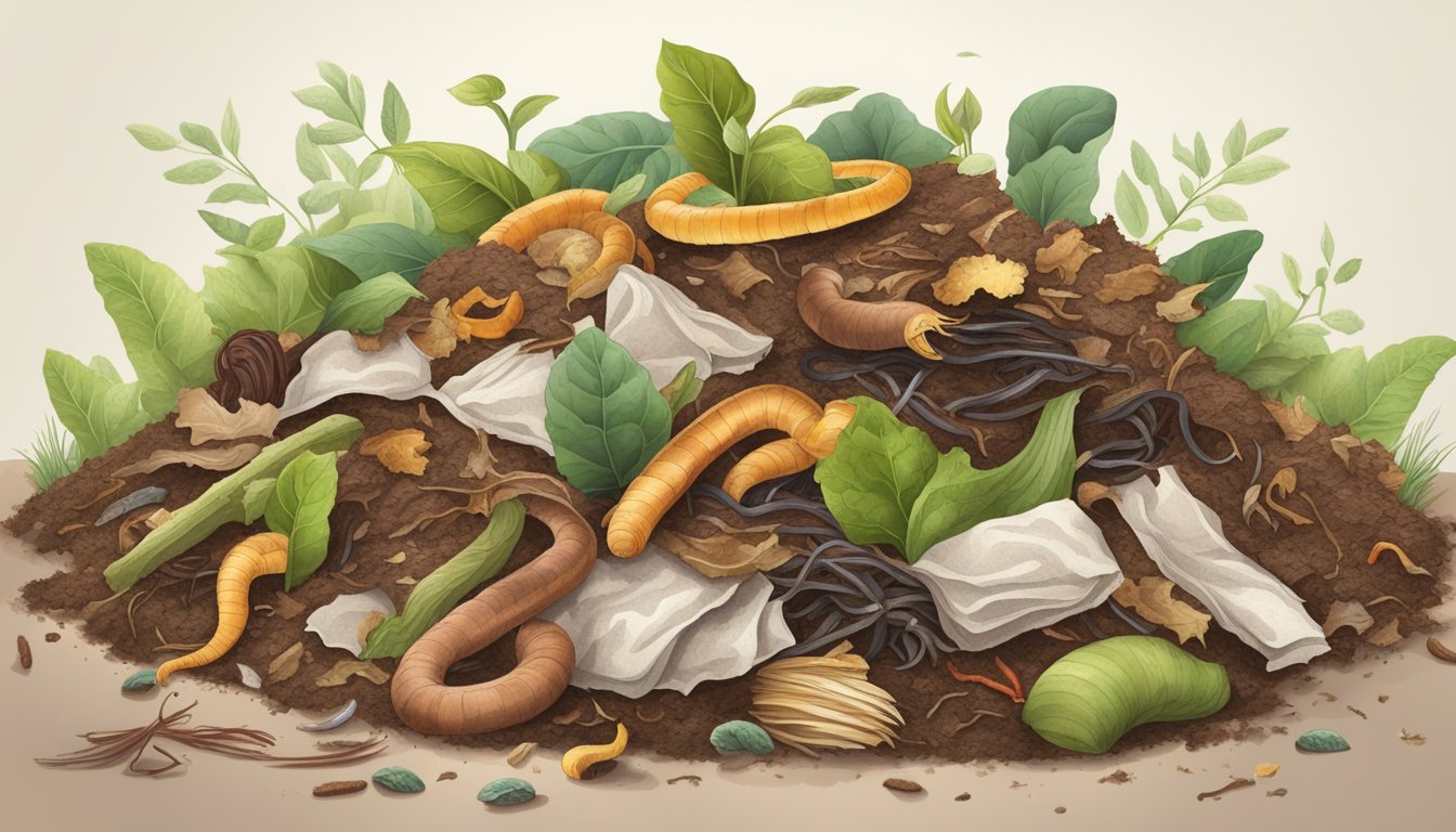 A pile of compostable materials, including napkins, surrounded by a mix of food scraps and yard waste, with earthworms and microorganisms breaking down the organic matter