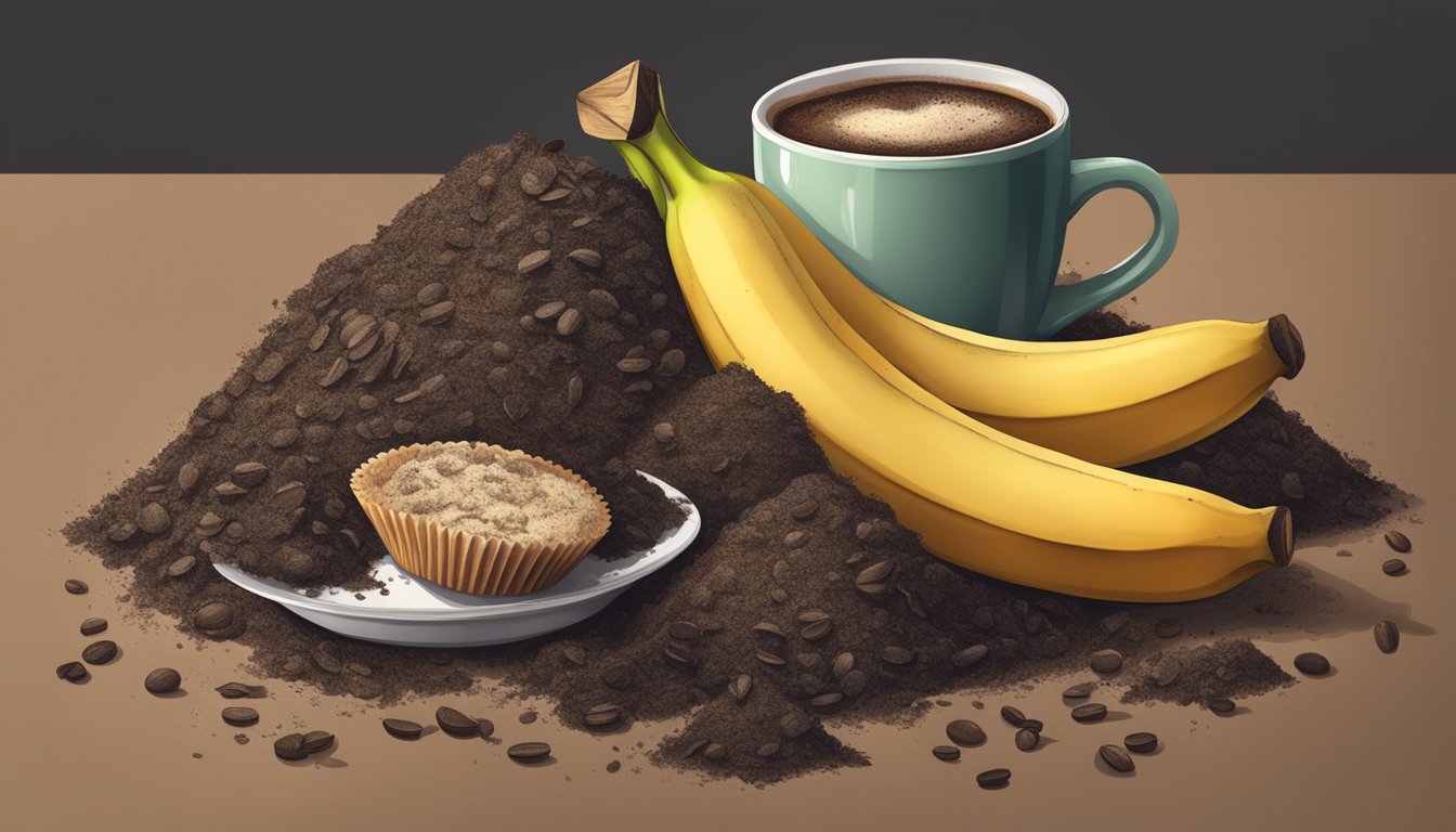 A pile of compost with muffin wrappers, banana peels, and coffee grounds