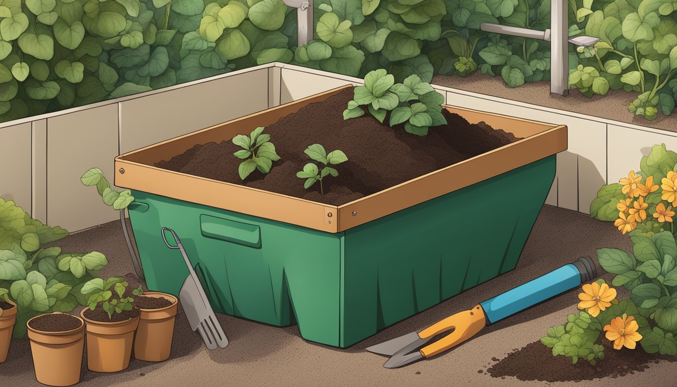 Nut shells being mixed into a garden bed, surrounded by plants and gardening tools. A compost bin sits nearby