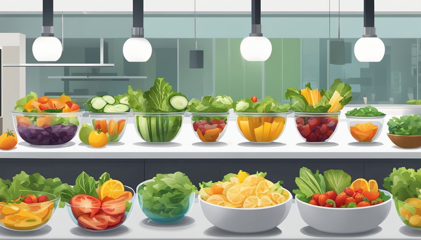 A colorful array of fresh salads, grilled vegetables, and fruit cups displayed on a clean, modern countertop