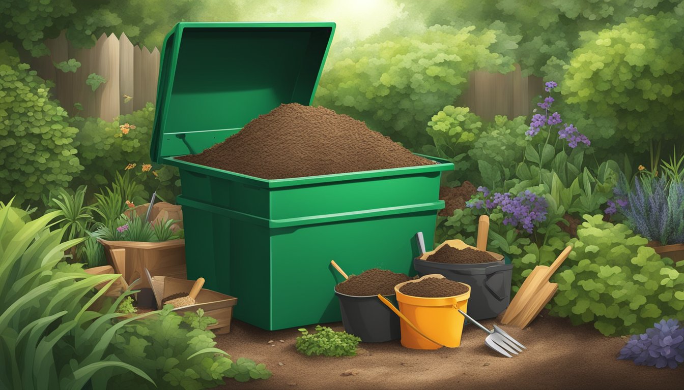 A compost bin with various material choices, including nut shells, surrounded by garden tools and greenery