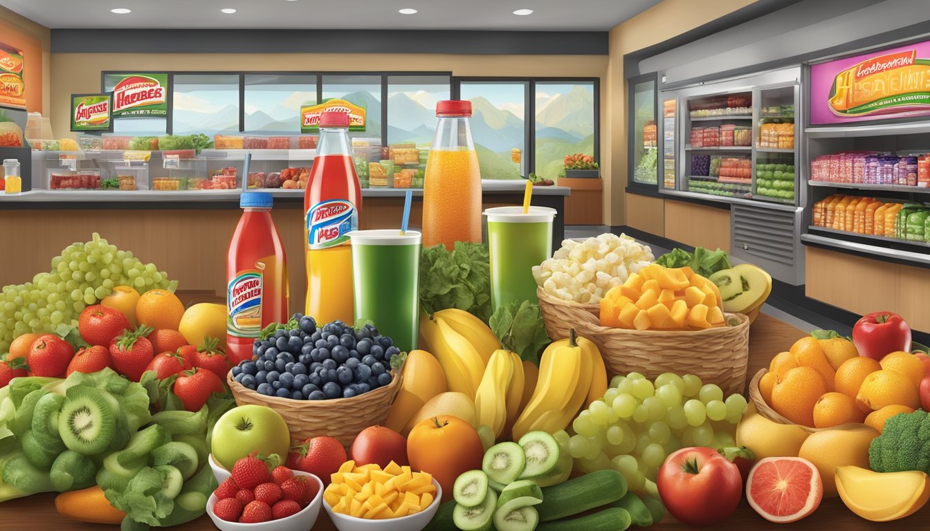 A colorful display of fresh fruits, vegetables, and beverages at a Hardee's restaurant, showcasing their "Snacks and Beverages with Benefits" healthy options