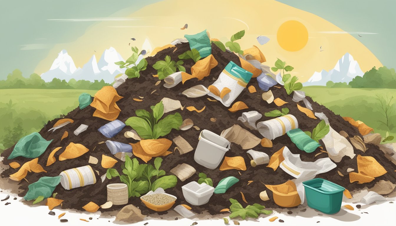 A pile of compost with various contaminants such as napkins, paper towels, and food scraps mixed in