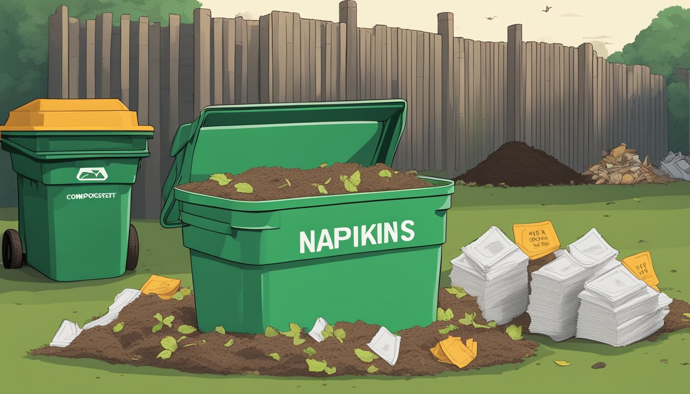 A pile of compostable napkins surrounded by various organic waste and a compost bin, with a sign indicating that napkins can be composted