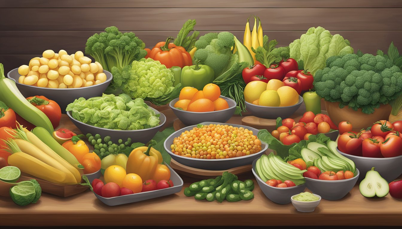 A variety of fresh vegetables and fruits arranged on a display table at a BJ's restaurant, showcasing the healthy salad options available