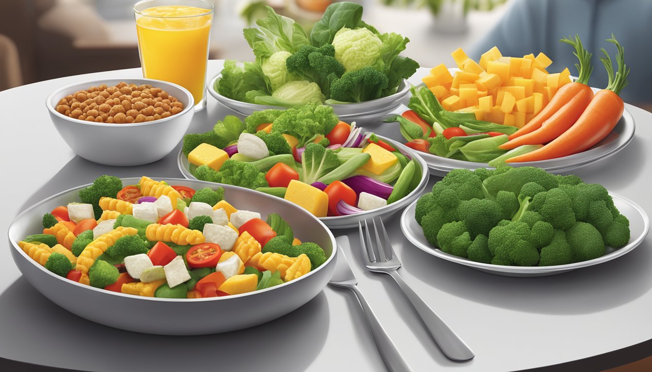 A colorful array of fresh vegetables and lean proteins displayed on a clean, modern table setting at a Hardee's restaurant