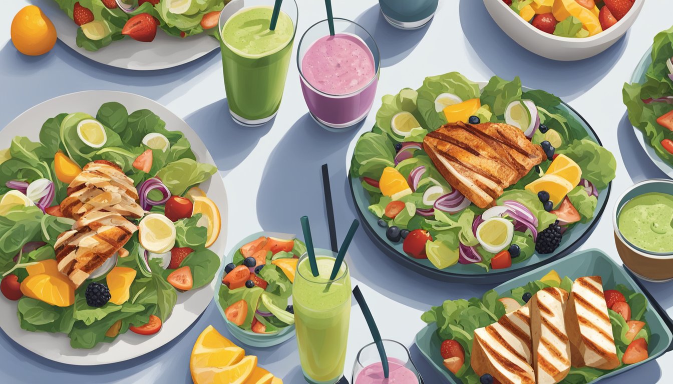 A colorful array of fresh salads, grilled chicken wraps, and fruit smoothies displayed on a clean, modern table at McAlister's