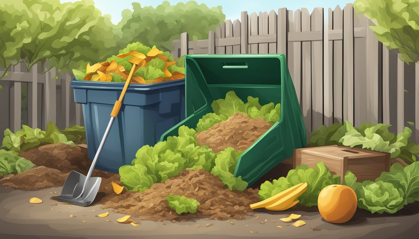 A pile of compostable materials including lettuce scraps, fruit peels, and yard waste, surrounded by a compost bin and a shovel