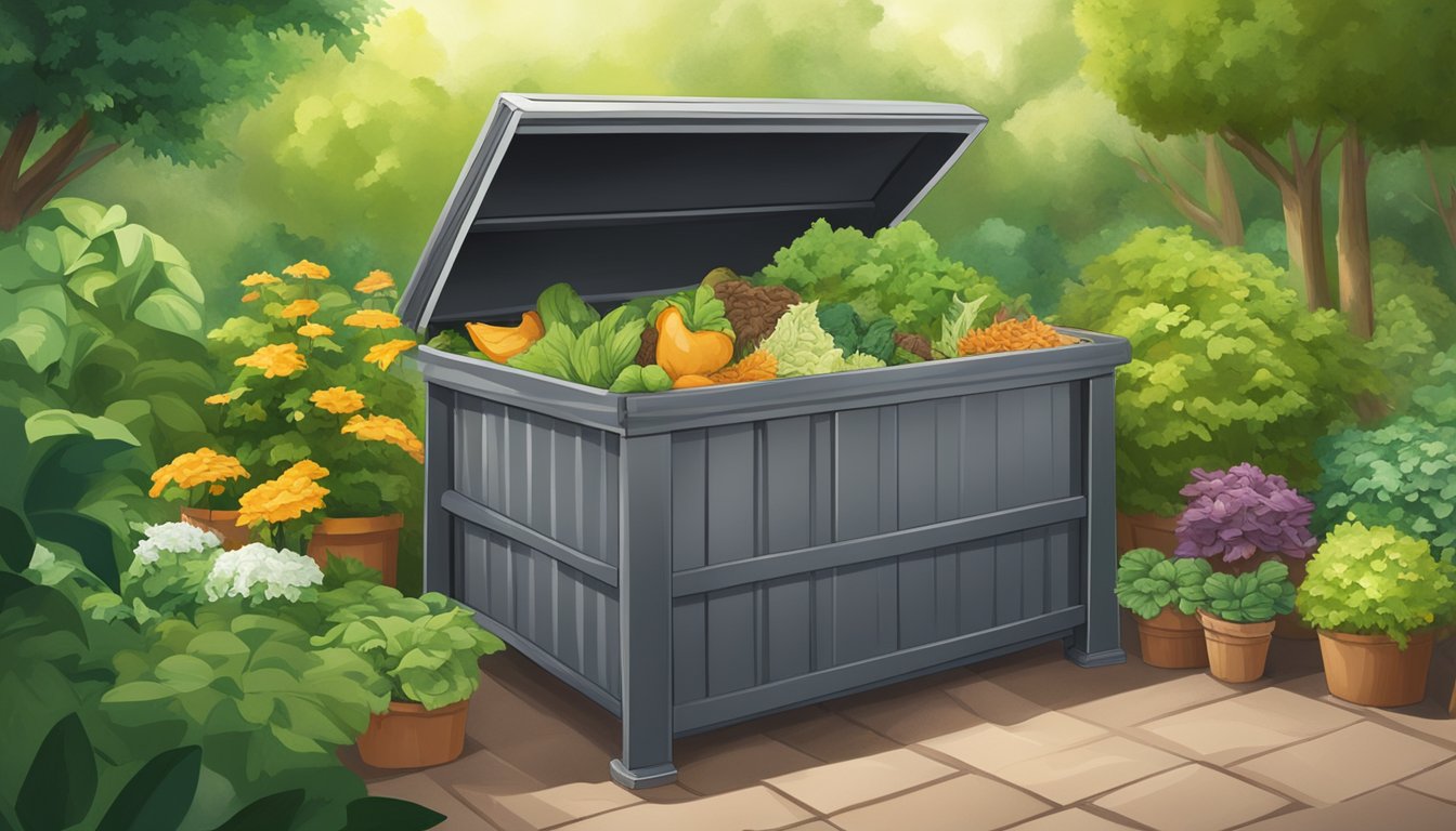 A compost bin filled with napkins, food scraps, and plant matter surrounded by a lush garden with thriving plants and trees