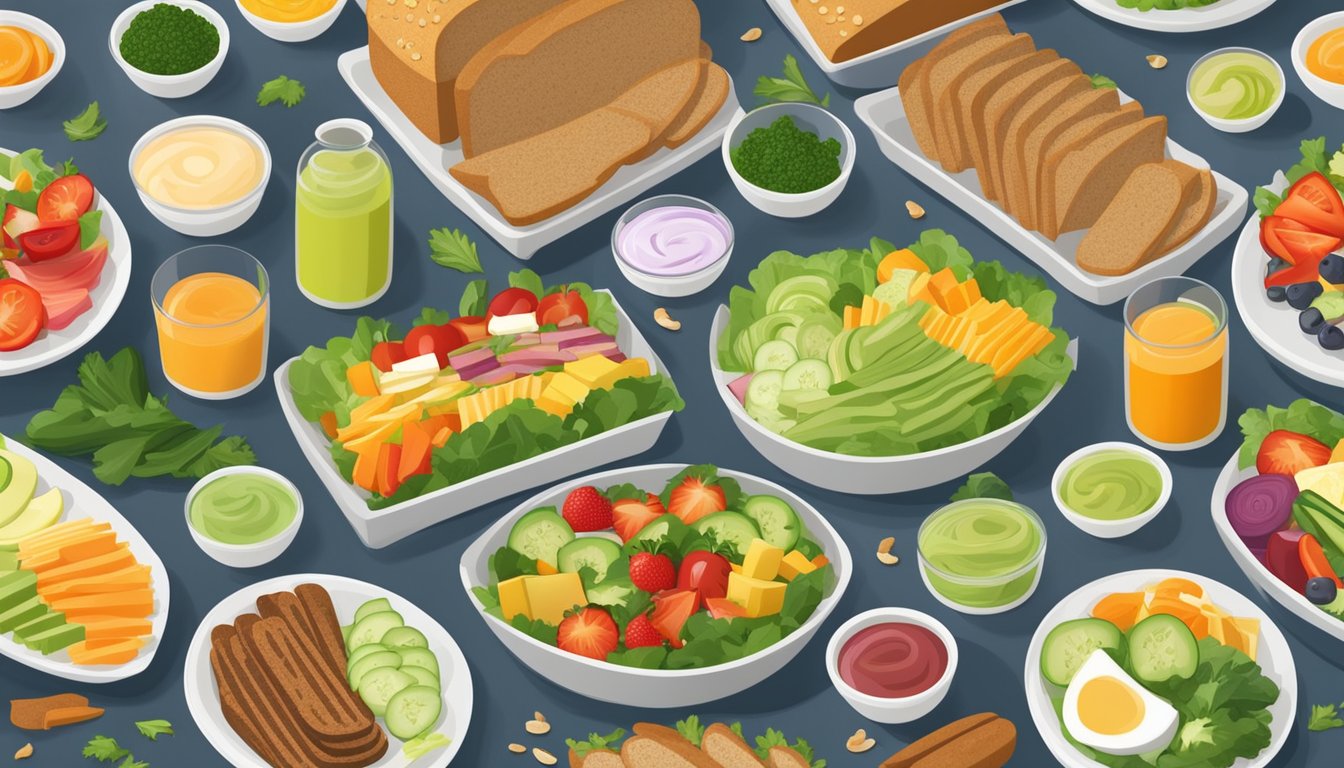 A colorful salad bar with fresh vegetables, fruits, and lean protein options. A display of whole grain bread and a variety of low-fat dressings