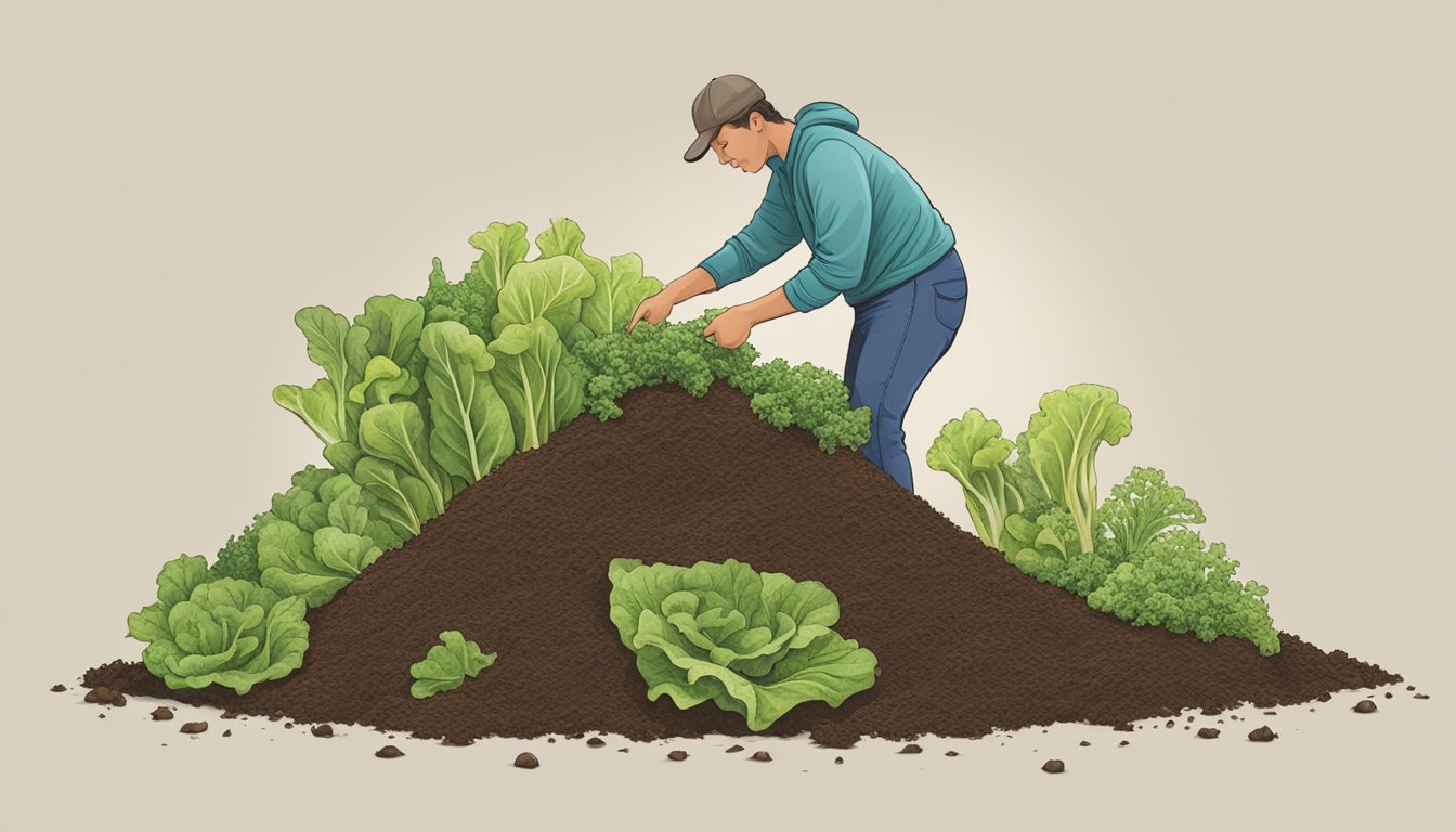 A person balances a compost pile, adding lettuce to the mix