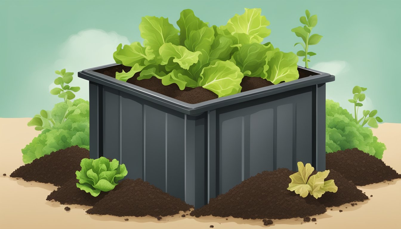 A compost bin with lettuce scraps, surrounded by healthy soil and plants