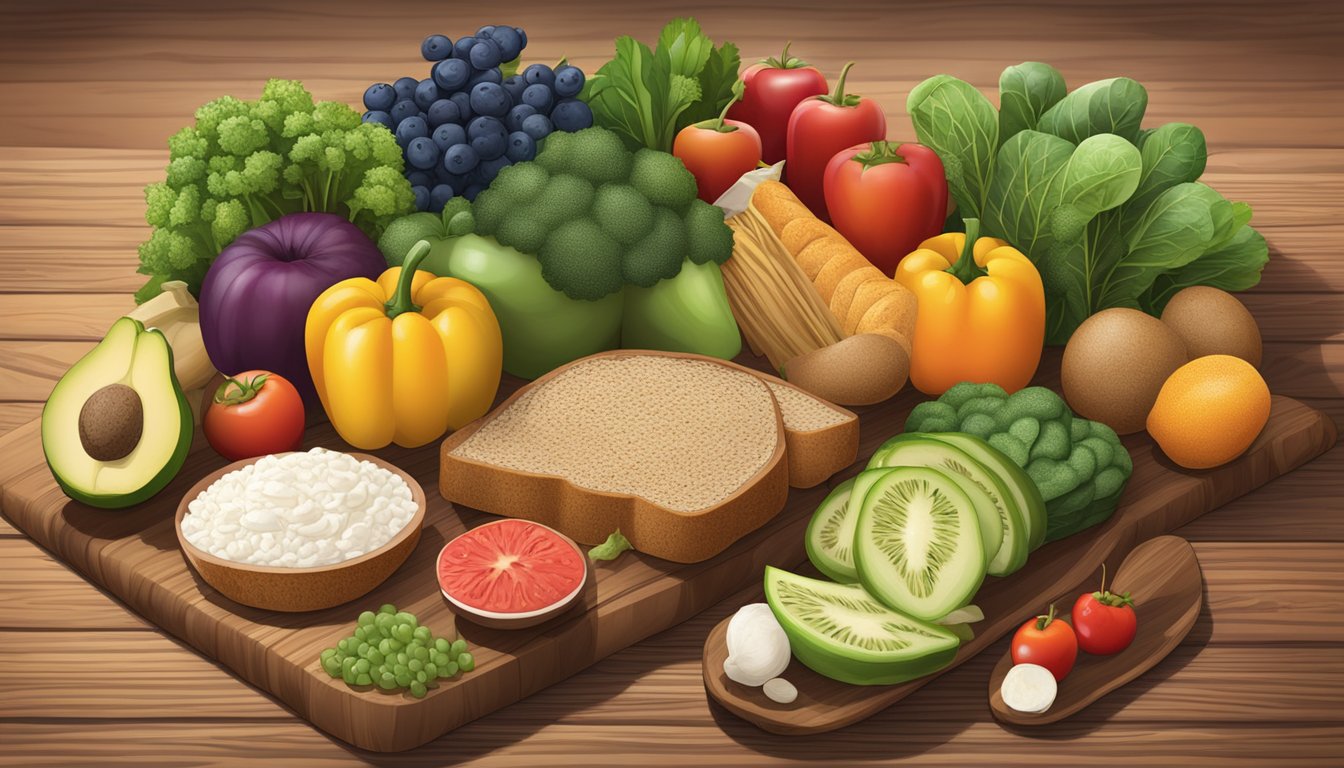 A colorful array of fresh fruits and vegetables arranged on a rustic wooden table, with a variety of whole grain bread and lean protein options displayed nearby