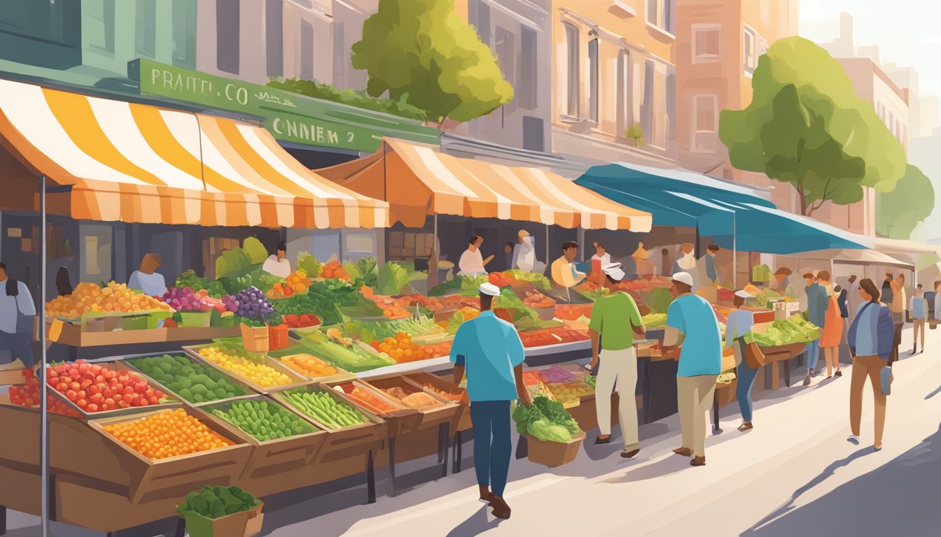 A bustling outdoor market with colorful fruit and vegetable stands, a salad bar, and a smoothie shop, surrounded by people walking and chatting