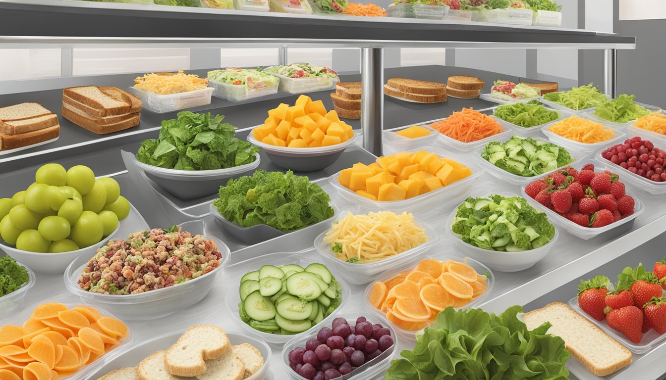 A colorful display of fresh salads, sandwiches, and fruit at McAlister's, with clear labels indicating healthy options