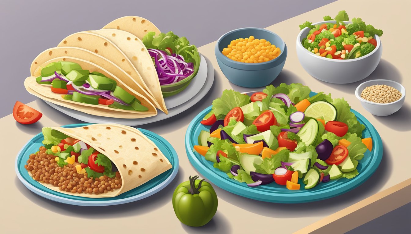 A colorful array of fresh vegetables and lean proteins arranged next to whole grain tortillas and salads at a Taco Time restaurant