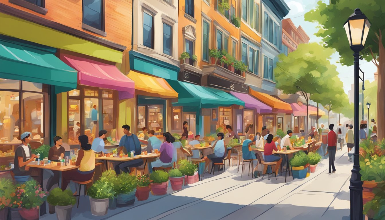 A bustling street lined with colorful, vibrant eateries offering a variety of fresh, healthy options. Outdoor seating, lush greenery, and a lively atmosphere