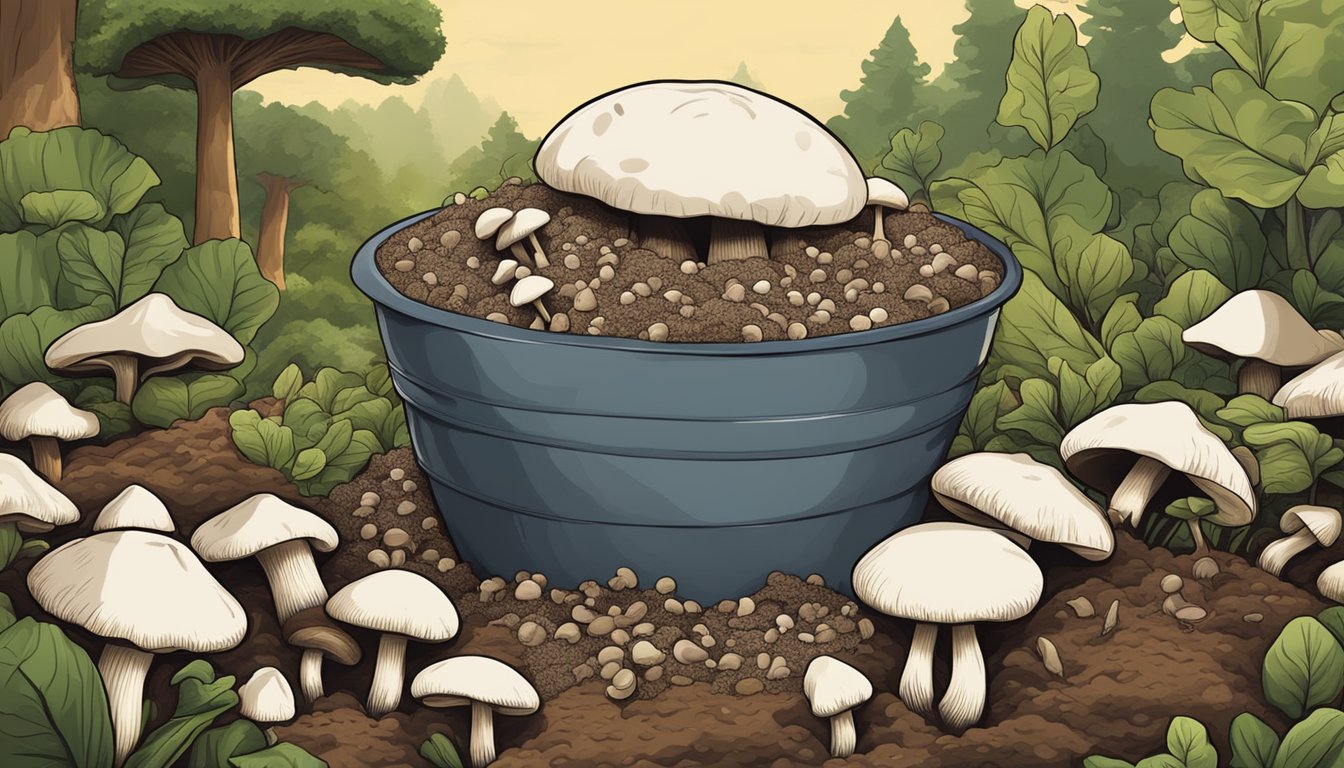 Mushroom compost is being spread over a pile of mushrooms, creating a rich, fertile environment for decomposition