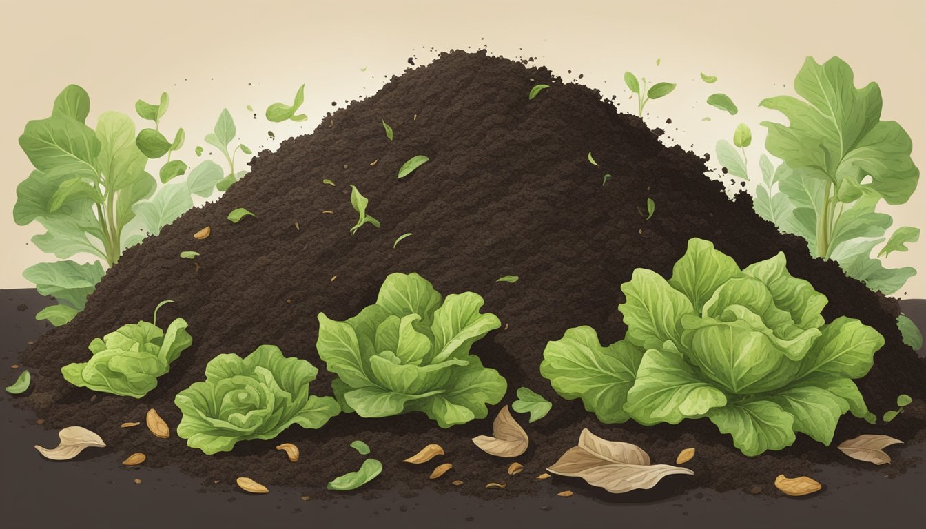 A pile of rich, dark compost with lettuce leaves decomposing into the earth