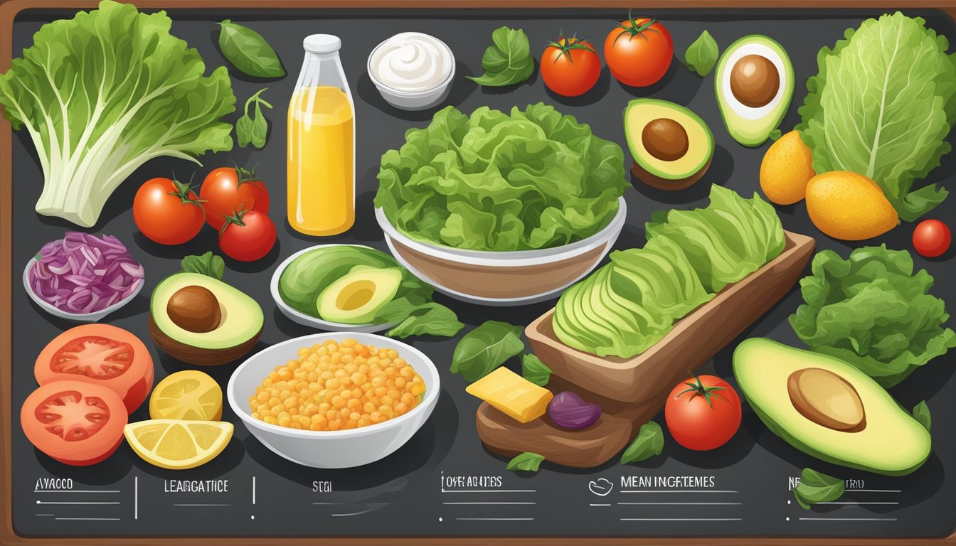 A colorful array of fresh ingredients, including lettuce, tomatoes, avocados, and lean proteins, are neatly arranged on a menu board