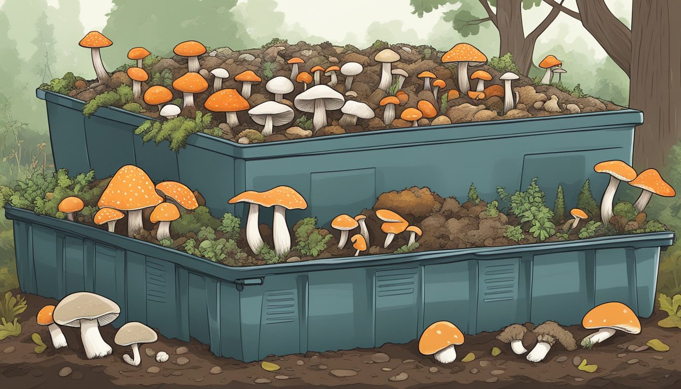 Various mushrooms are being composted in a large, well-ventilated container. The compost is being turned regularly to encourage decomposition