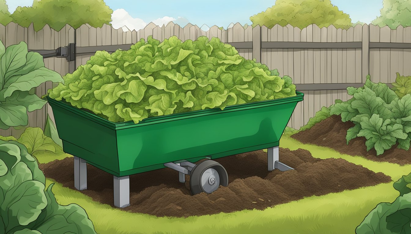 Lettuce leaves and other organic waste are being added to a compost pile in a backyard garden