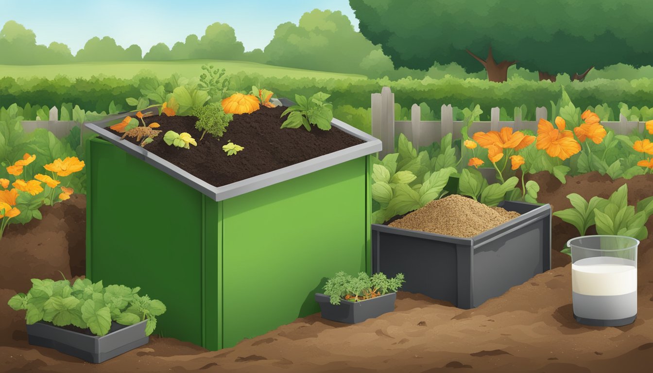 A compost bin with various organic waste, including milk cartons, surrounded by soil and plant material