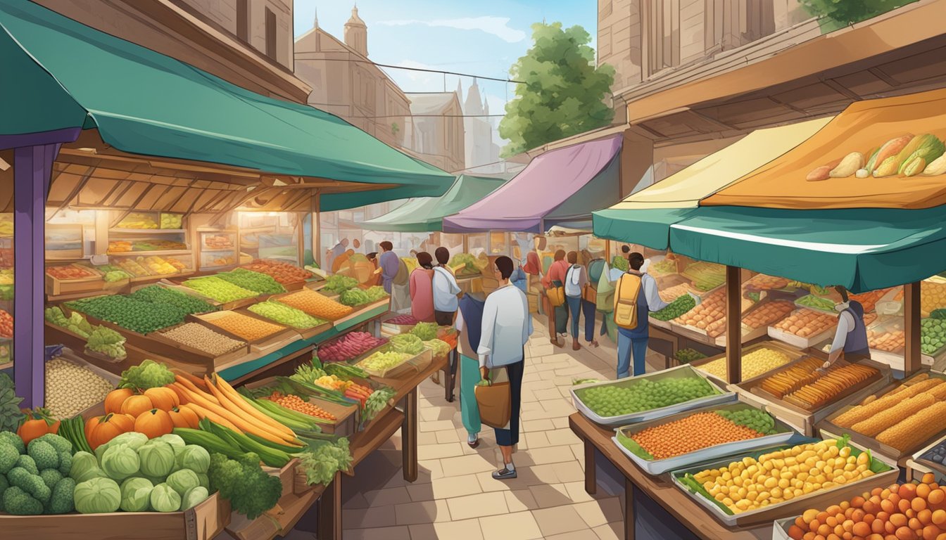 A bustling food market with colorful stalls offering a variety of fresh fruits, vegetables, and whole grains. A sign advertises "Specialty Dietary Options" with a selection of healthy dishes