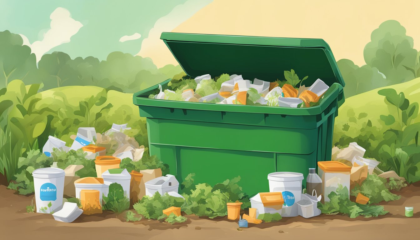 A compost bin filled with various organic waste, including empty milk cartons