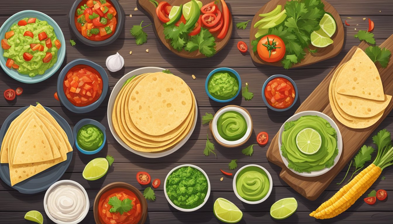 A colorful spread of fresh vegetables, lean protein, and whole grain tortillas arranged on a wooden table, with vibrant salsa and guacamole on the side