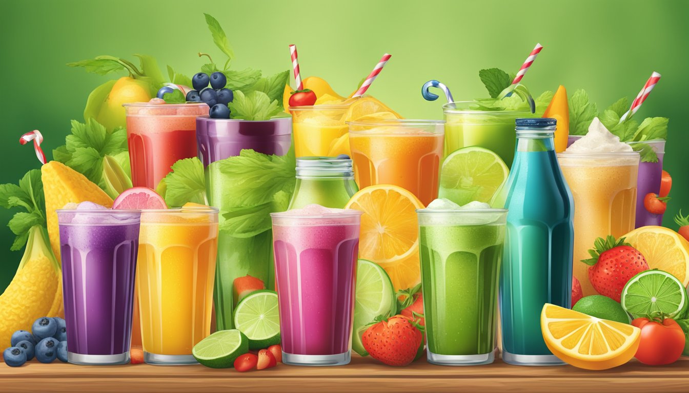 A colorful array of nutritious beverages surrounded by fresh ingredients like fruits and vegetables, showcasing the healthy options available at Taco Time