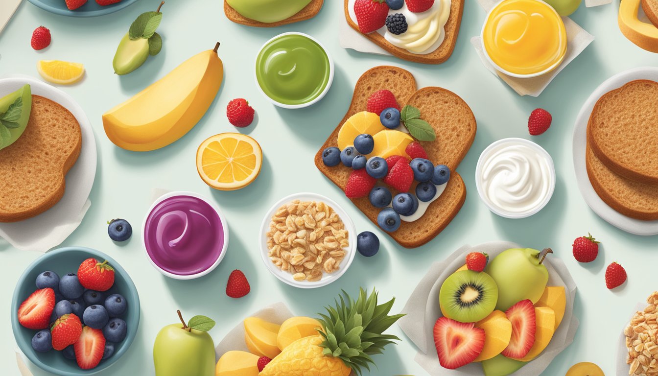 A colorful display of fresh fruits, whole grain breads, and yogurt parfaits on the Panera breakfast menu