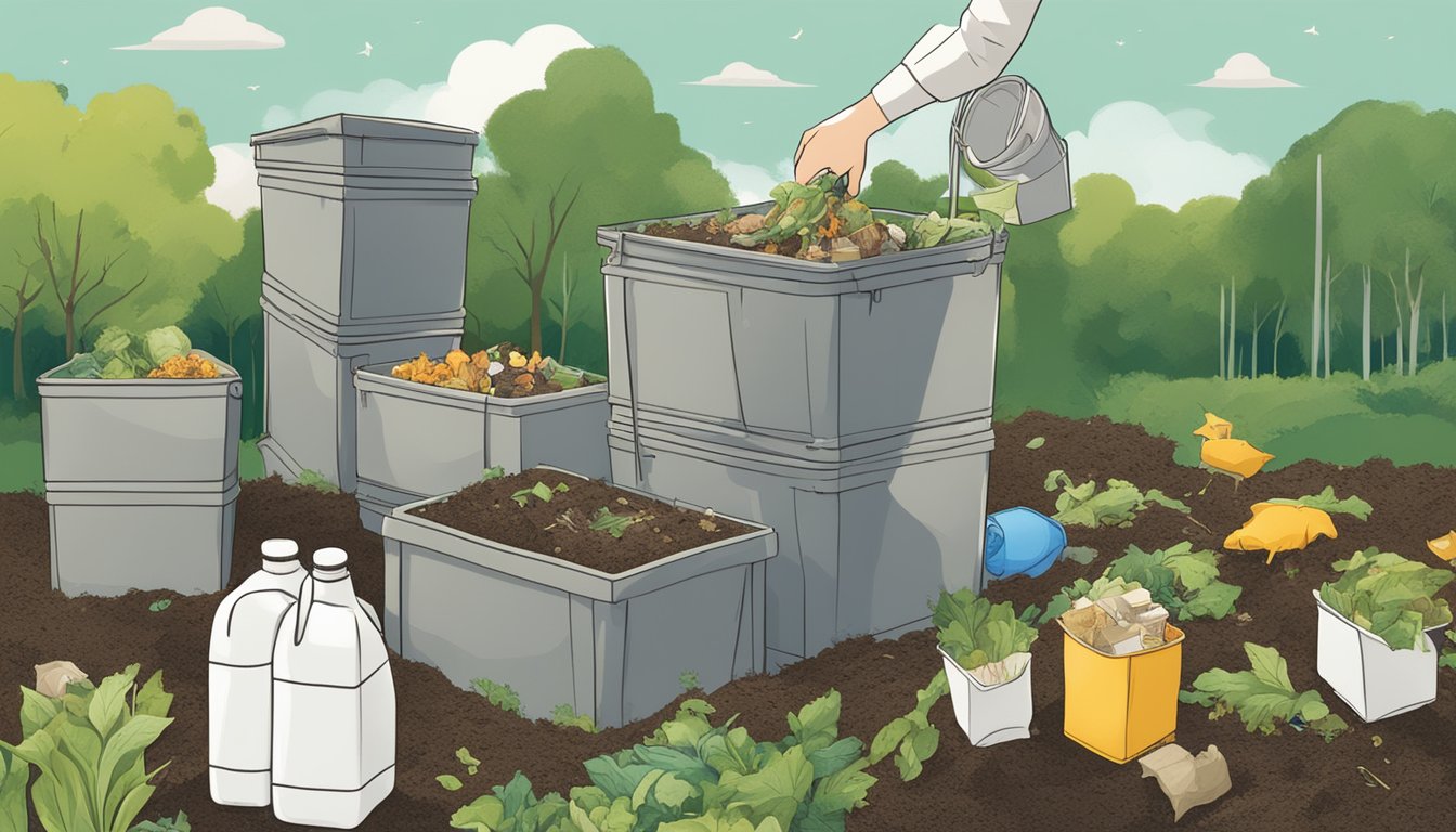 A person placing a milk carton into a compost bin surrounded by other organic waste