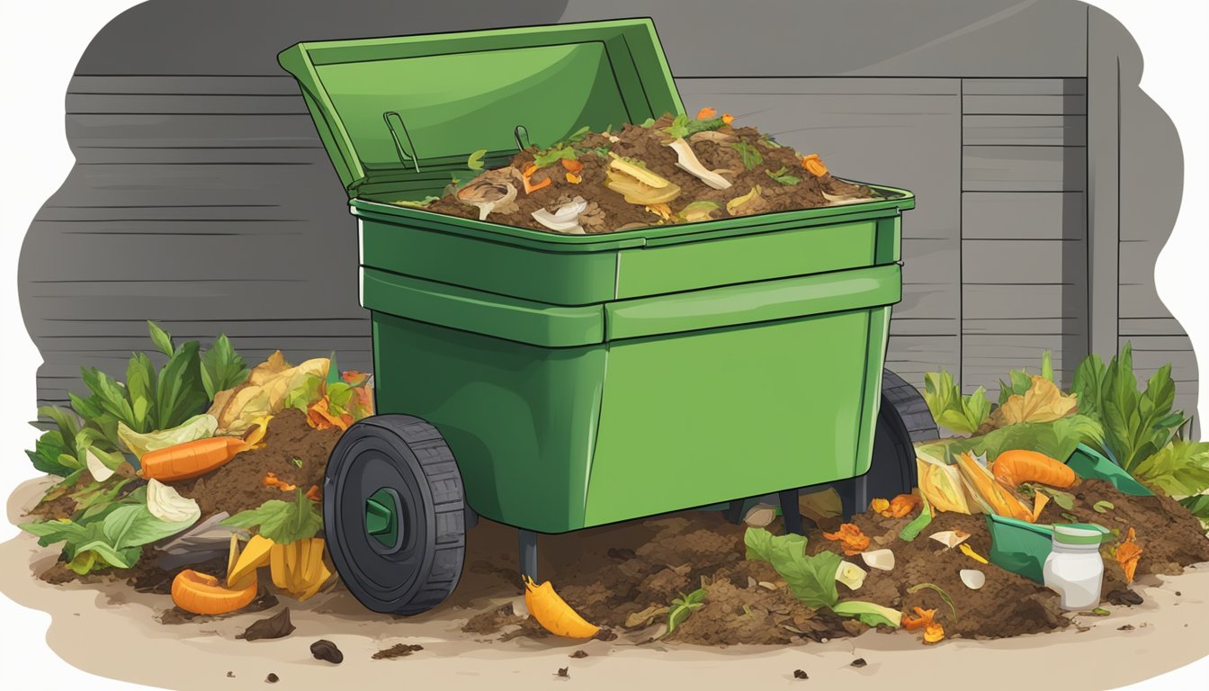 A pile of organic waste, including food scraps and cooking oil, is being turned and mixed in a compost bin