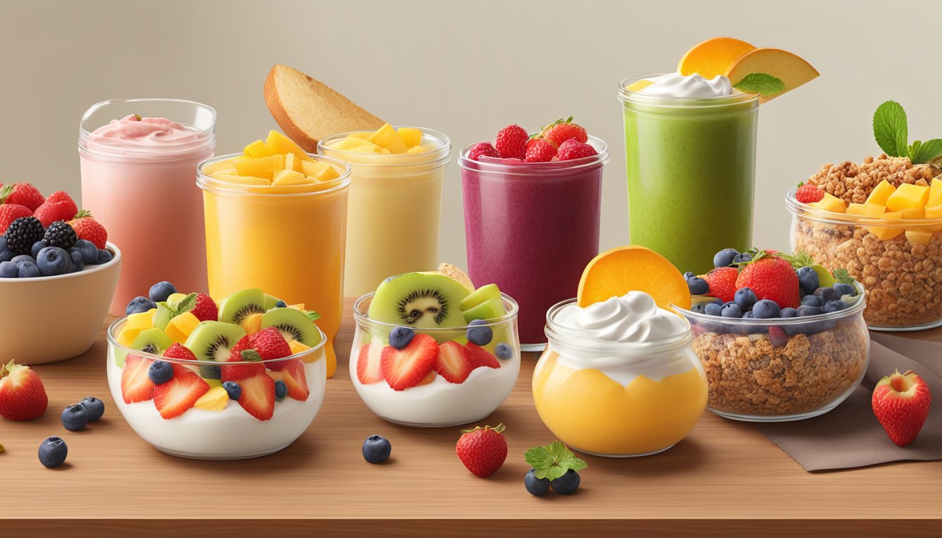 A colorful display of fresh fruit, whole grain bagels, and yogurt parfaits arranged on a wooden table at Panera